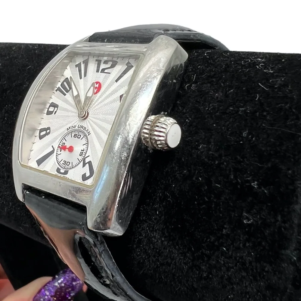 MICHELE MINI URBAN STAINLESS STEEL WATCH WITH BLACK PATENT LEATHER STRAP